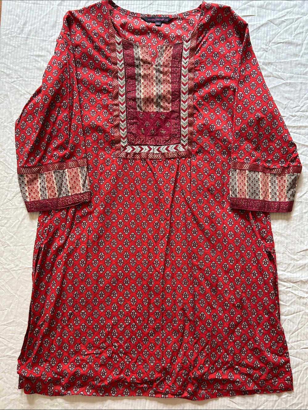Red Printed Boho Tunic with Embroidered Yoke